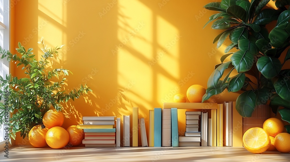 Poster vibrant 3d render of an online education setup with a stack of books and a digital bookshelf set aga