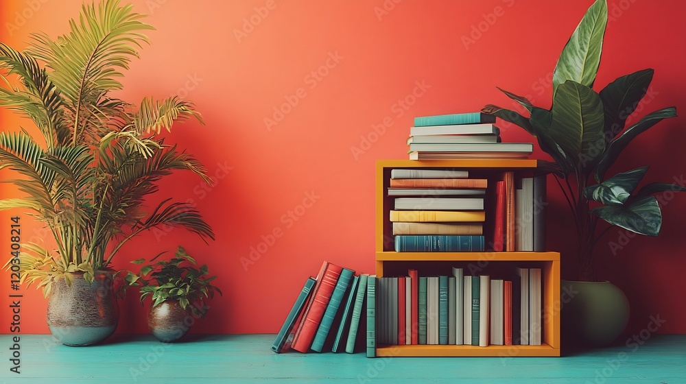Poster vibrant 3d render of an online education setup with a stack of books and a digital bookshelf set aga