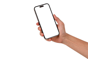 Hand showing smartphone with blank screen isolated.