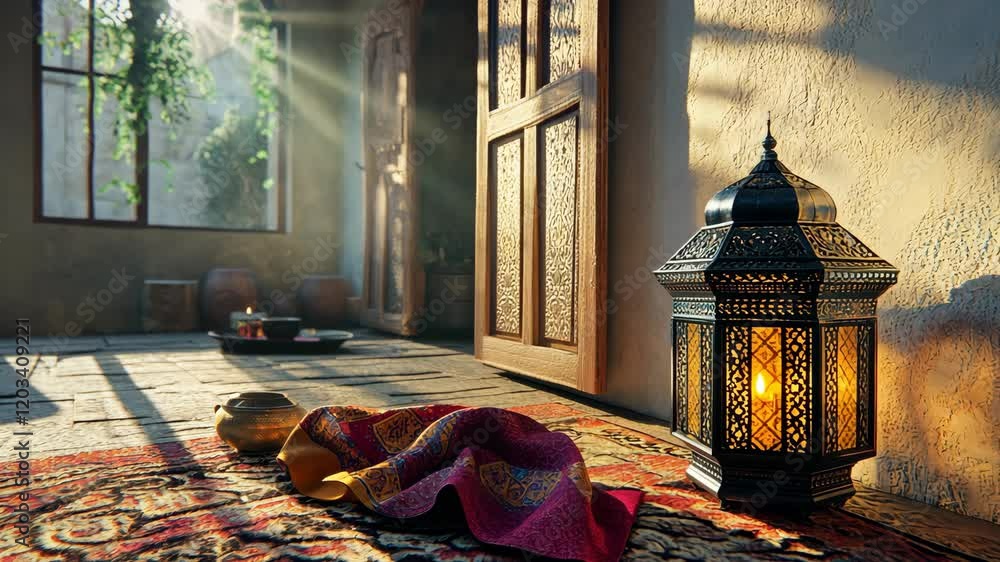 Poster warm light filters into a cozy interior with a lantern and colorful textiles in a tranquil setting