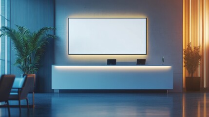 corporate branding identity logo display white blank frame mockup with modern business offices reception background as banner with copy space area mock up