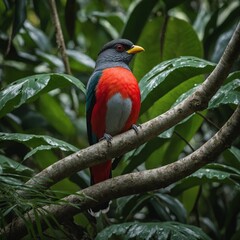 Obraz premium A Cuban trogon sitting on a branch surrounded by lush tropical leaves.
