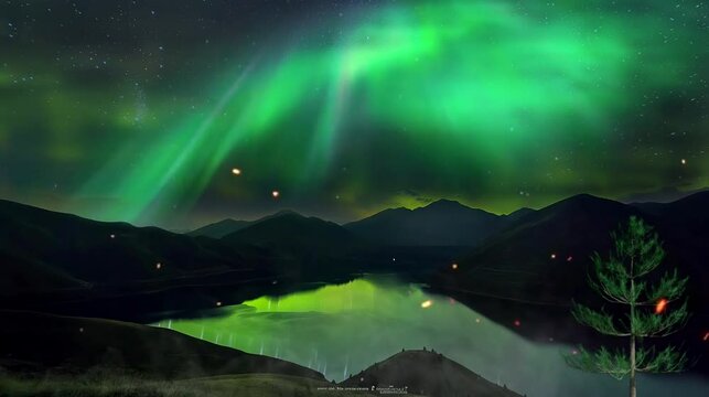 Stunning northern lights reflecting over a calm lake with distant mountains. Nature and aurora concept. Seamless loop video background