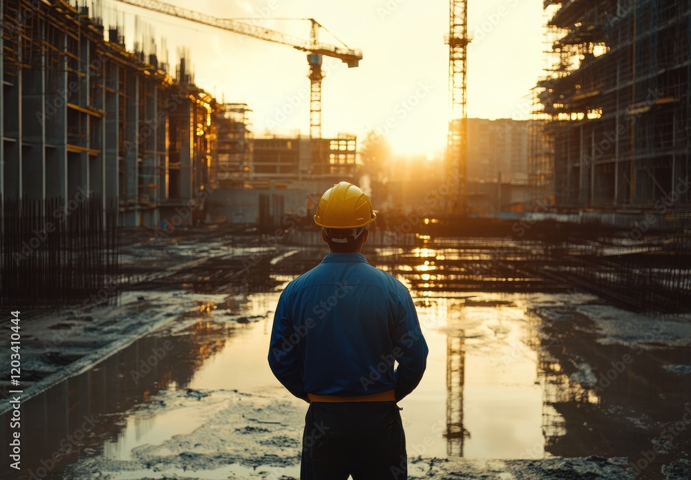 Poster construction worker overseeing a site at sunset with cranes and scaffolding, reflecting on the progr