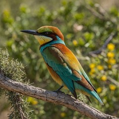 Fototapeta premium A European bee-eater resting on a branch in a vivid Mediterranean landscape.