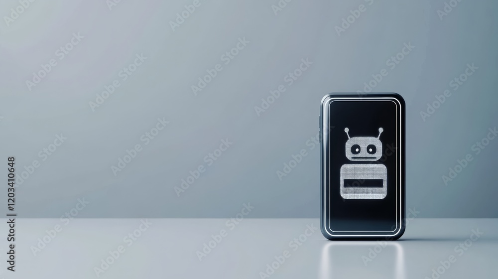 Poster futuristic phone interface with robot icon on screen