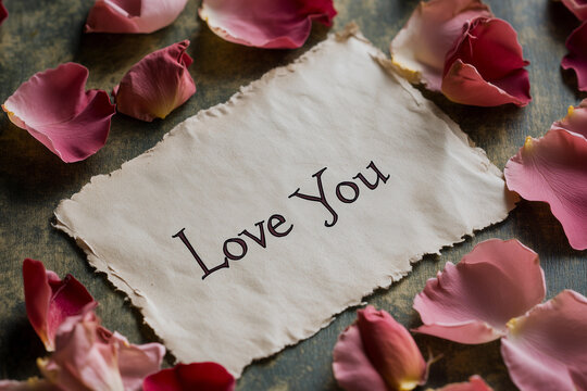 Handwritten love note surrounded by soft pink rose petals on a rustic wooden surface for a romantic gesture
