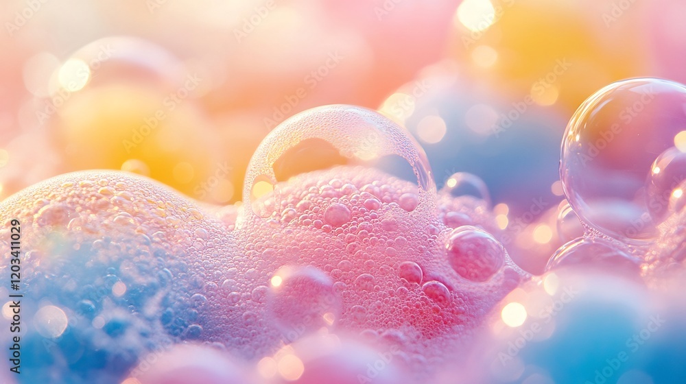 Poster vibrant background filled with colorful soap bubbles in shades of pink yellow and blue with soft foa