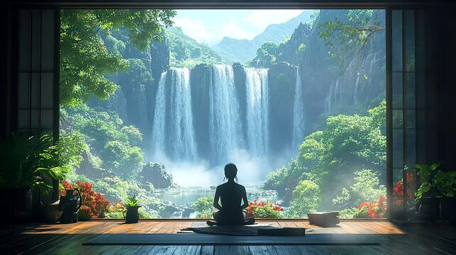 Meditating figure by majestic waterfalls in a serene natural setting. Peace and mindfulness concept. Seamless loop video background