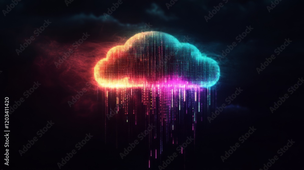 Poster vibrant digital cloud with rain of binary codes on dark background