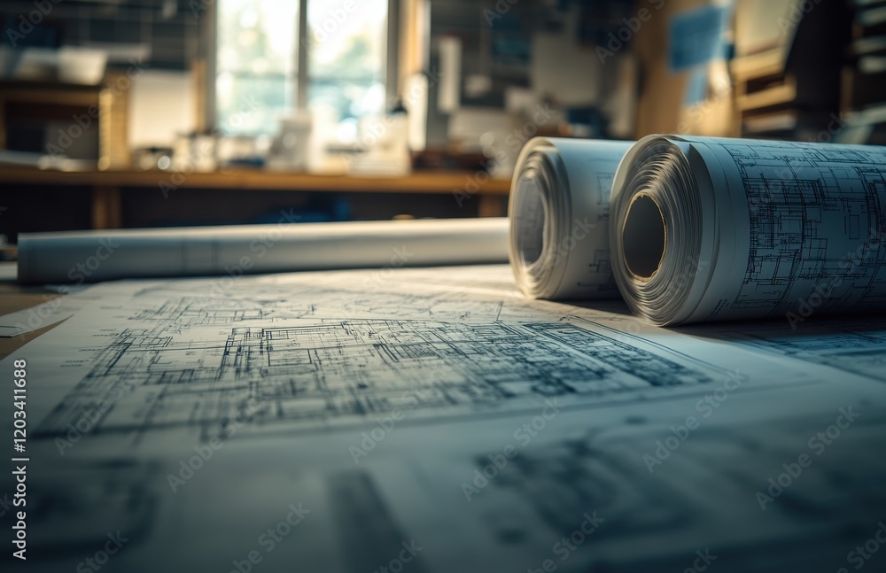 Poster detailed architectural blueprints spread across a desk with rolled plans in an urban workspace, crea