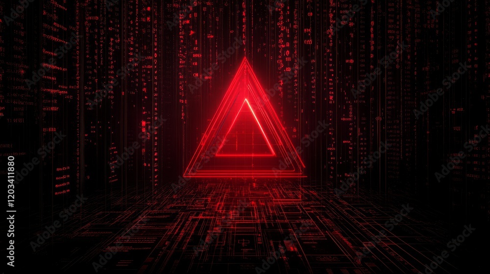 Poster futuristic digital red triangle in a matrix code environment