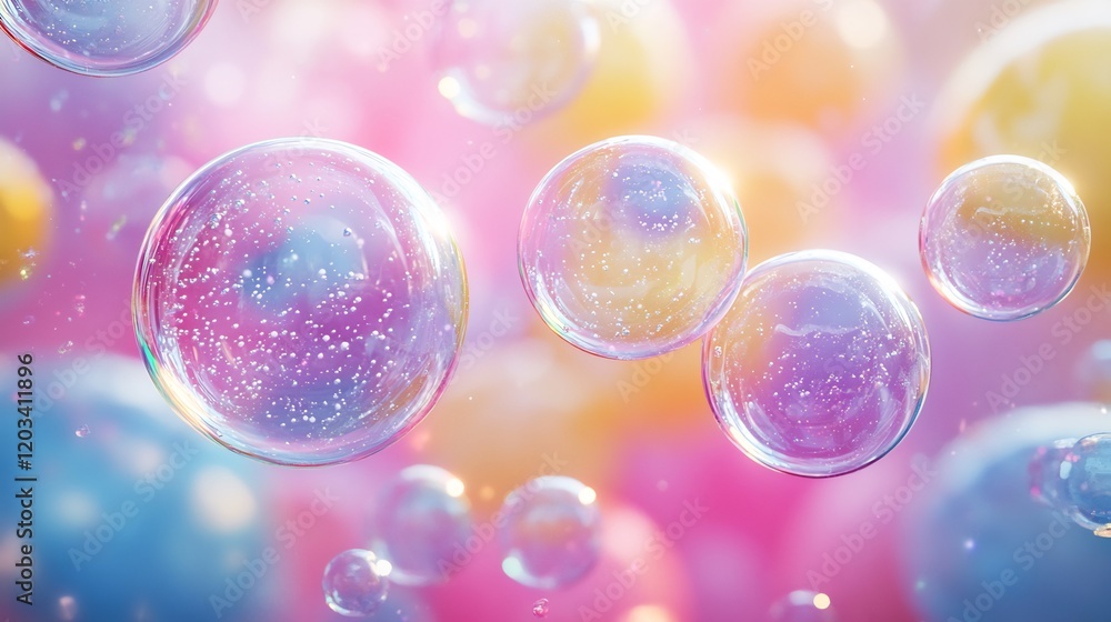 Poster vibrant background filled with colorful soap bubbles in shades of pink yellow and blue with soft foa