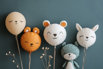 A realistic bunch of children's balloons in the shape of animals, featuring delicate textures, a dreamy atmosphere, and a harmonious composition with cinematic quality