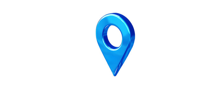 Blue location 3d icon marker or route gps position navigator sign and travel navigation pin road map pointer symbol isolated on white street address background with point direction discovery tracking.