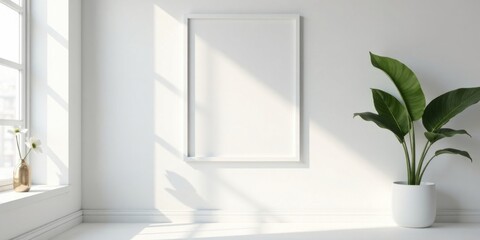 Bright White Room Interior Design Mockup with Empty Frame and Plant