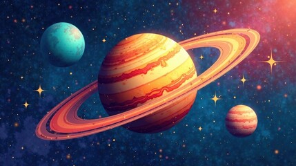 Cosmic Wonder A Ringed Planet and Celestial Bodies in a Vibrant Nebula