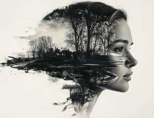 A woman's face is shown with a city in the background