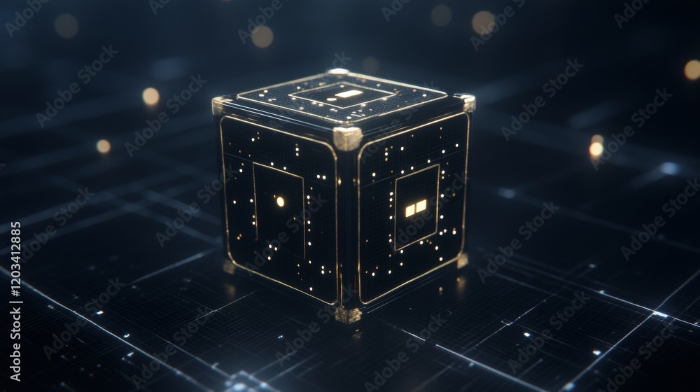 Poster futuristic technology cube digital data encryption device