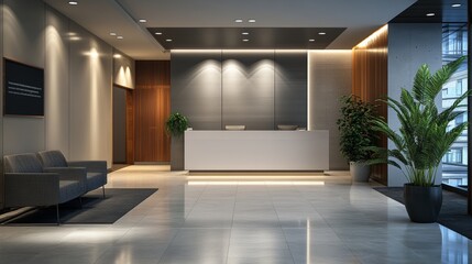 corporate branding identity logo display white blank frame mockup with modern business offices reception background as banner with copy space area mock up