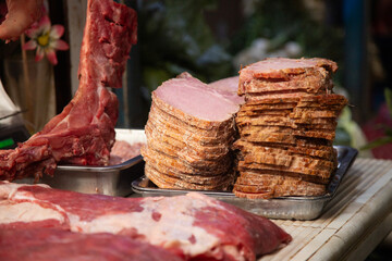 Oaxaca, Mexico; 1st January 2025: Butcher shops selling cured meat, chorizo ​​and regional...