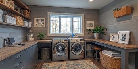 Modern laundry room interior design featuring open shelving customizable spaces and natural light in a cozy home environment