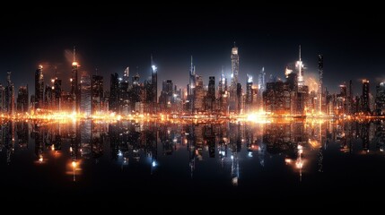 Fototapeta premium City skyline at night with reflections in water creating a vibrant urban landscape in dark colors