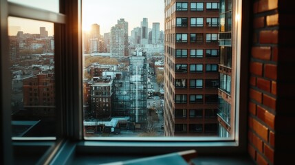 An urban sunset captured from a high-rise apartment window showcases the lively cityscape highlighted by the warm glow of the setting sun, creating a tranquil, beautiful scene.