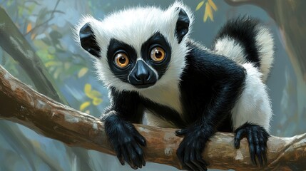 Fototapeta premium Cute black and white lemur sitting on a tree branch.