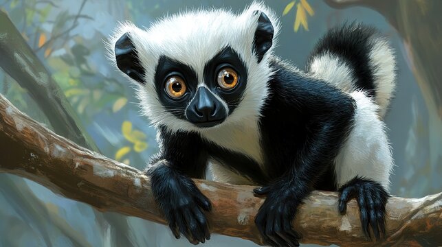 Cute black and white lemur sitting on a tree branch.