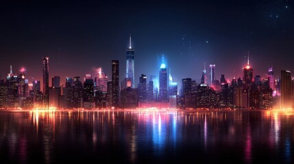 Obraz premium City skyline at night with illuminated buildings and colorful lights reflecting on the calm water surface