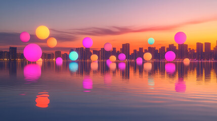 Floating light orbs drifting over a glowing cityscape, casting colorful shadows on the buildings beneath 