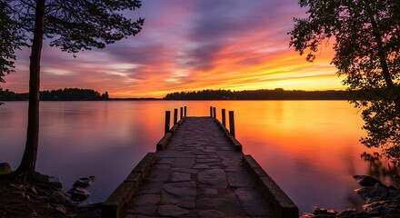 Sunset over Lake with Stone Village Bridge and Forest Horizon Generative AI