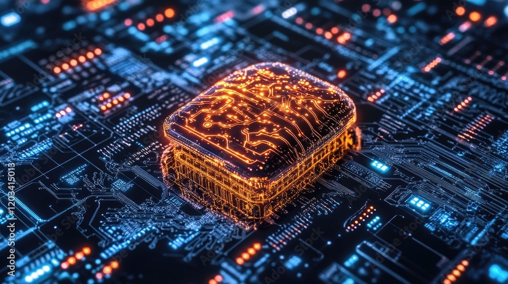 Poster an ai chip in close-up, glowing in a futuristic lab environment, surrounded by circuits and holograp