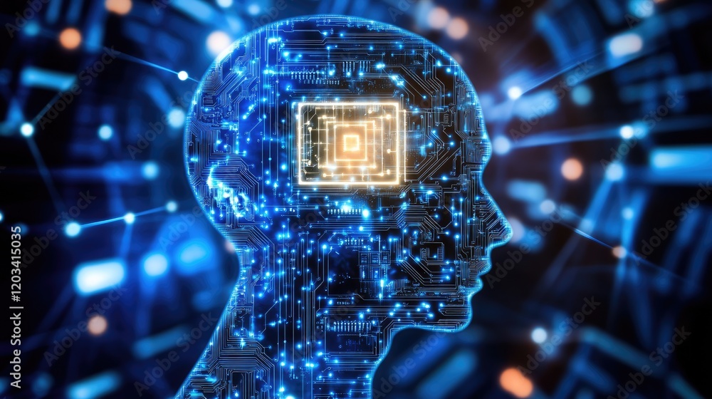 Aufkleber an ai chip in close-up, glowing in a futuristic lab environment, surrounded by circuits and holograp