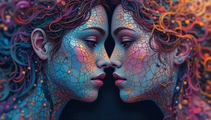 Naklejka premium Abstract portrait of two women with faces like stained glass, connected by vibrant, swirling hair.