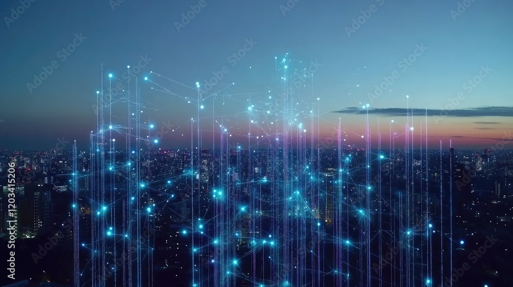Poster an urban skyline at dusk with glowing data streams connecting smart city infrastructure. copy space.