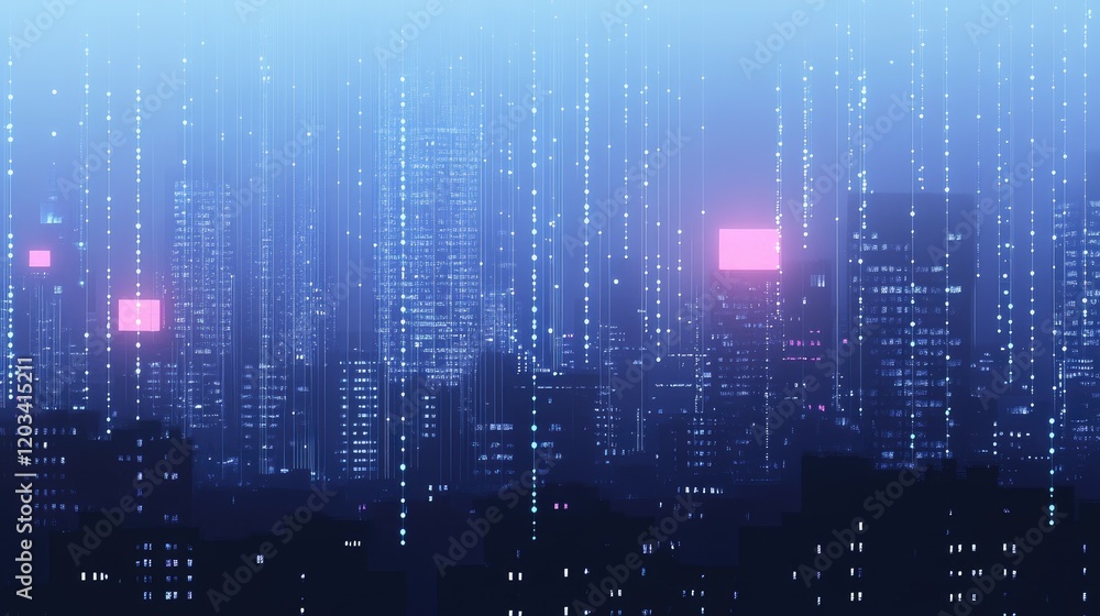 Poster an urban skyline at dusk with glowing data streams connecting smart city infrastructure. copy space.