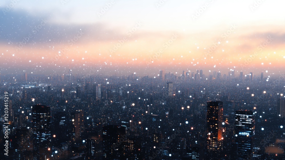 Poster an urban skyline at dusk with glowing data streams connecting smart city infrastructure. copy space.