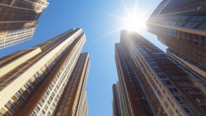 High Rise Buildings Reaching Towards the Bright Blue Sky Under the Radiant Sunlight in an Urban Setting Showcasing Modern Architecture and Urban Living