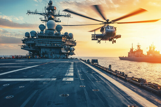Helicopter Landing on Aircraft Carrier. Military Operation at Sea. Seaborne Aviation