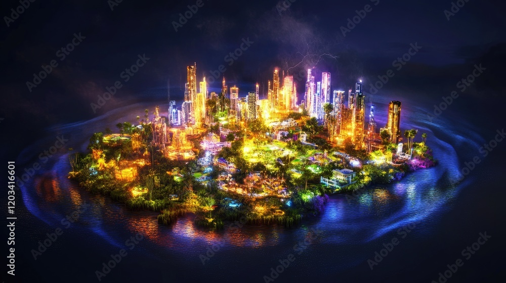 Poster a conceptual holographic display of a futuristic smart city with glowing interconnected nodes and ec