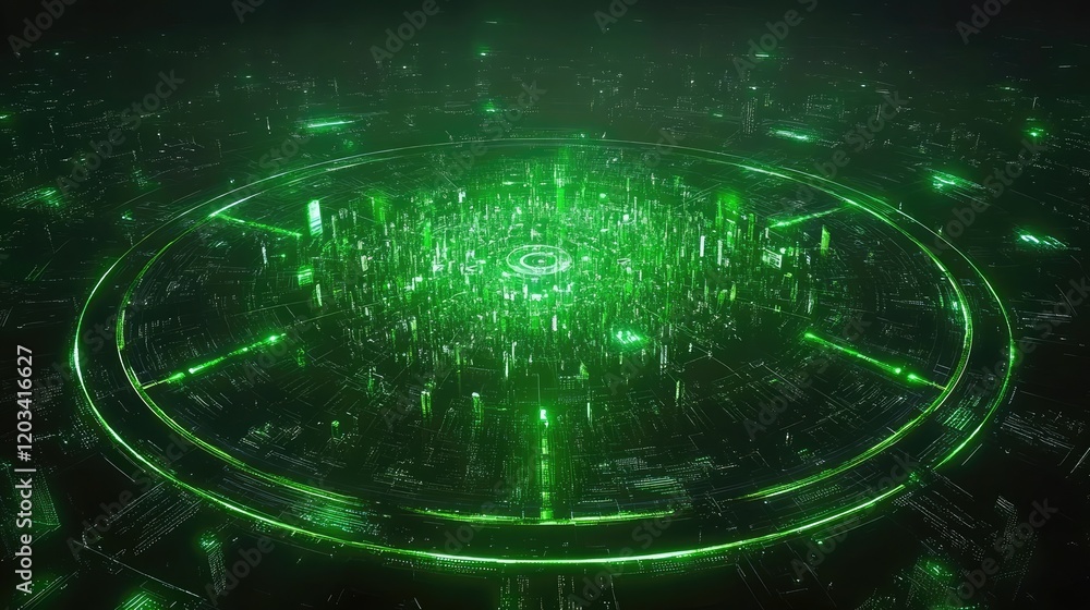 Poster a conceptual holographic display of a futuristic smart city with glowing interconnected nodes and ec