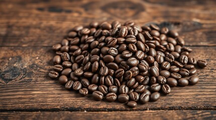 Fototapeta premium A close-up of freshly roasted coffee beans scattered over a rustic wooden background