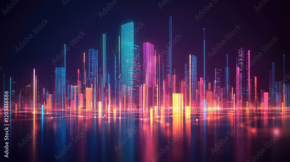 Poster a digital concept of a smart city overlaid with glowing iot network visualizations and futuristic el