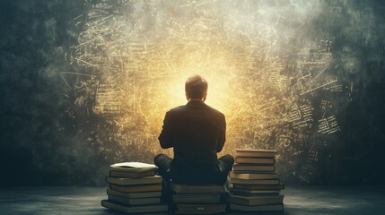 Serene teacher immersed in swirling mathematical formulas, glowing books, symbolizing artistic knowledge and the joy of learning