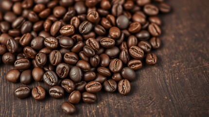 Obraz premium A close-up of freshly roasted coffee beans scattered over a rustic wooden background