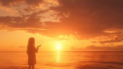 Fototapeta premium Girl Silhouetted Against Vibrant Sunset Ocean