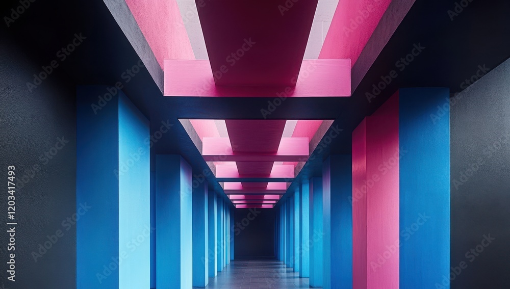 Poster modern abstract architectural design featuring vibrant blue and pink columns with a dark background 