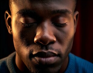 Fototapeta premium A close-up portrait of a Black gay man with a sad expression, looking downward with teary eyes.